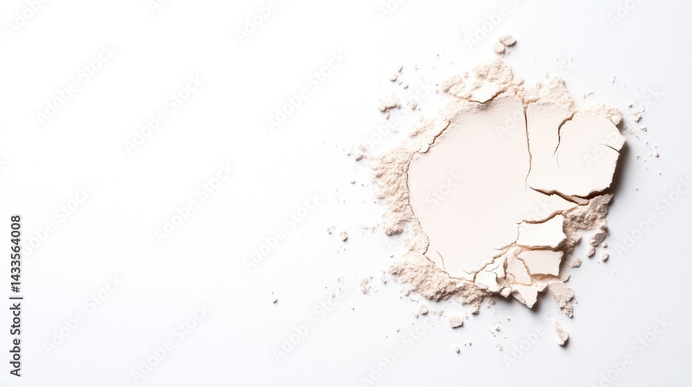 Light beige powder makeup scattered on white background.  Small broken pieces of powder surrounding a larger central area