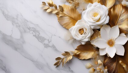 Wall Mural - elegant white and gold floral arrangement on marble background with copy space.