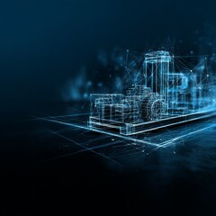 Fototapete - Engineering Blueprint: Digital Rendering of Industrial Machine with Network Connection Overlay.