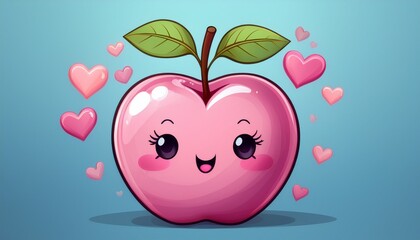Wall Mural - cute pink cartoon apple with hearts and leaves on blue background