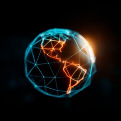 Aufkleber - Global Connection: A Digital Globe with America Illuminated in a Network Mesh on Dark Backdrop.