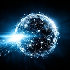 Leinwandbilder - Global Connection Network: Abstract Technology Background with Glowing Lines and Nodes, Data Flow and Digital Communication
