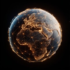 Aufkleber - Global Network Connection: A Futuristic View of Africa and Europe, Illuminated City Lights, Data Transmission