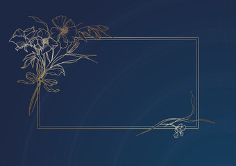 Wall Mural - luxury floral blue background with golden frame and flowers in line art style. hand drawn vector ill
