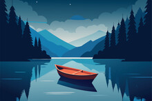 wooden rowboat floating in forest lake rain .eps
