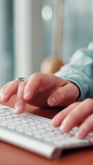 Aufkleber - Computer, hands and person with typing on keyboard for editing article, submission feedback or story development. Closeup, editor and review for publication, journal report or writing email in office