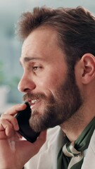 Leinwandbilder - Business, phone call and man in office, smile and communication with feedback, chatting and planning. Happy person, conversation and employee with mobile user, cellphone and digital app with contact