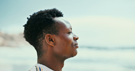 black man, space and breathing to relax at beach with fresh air for peace, tranquility or natural ox
