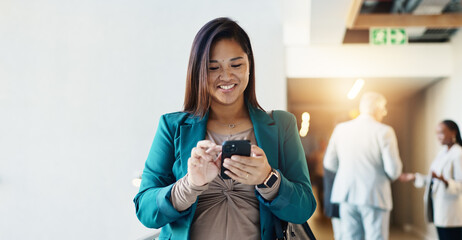 Aufkleber - Happy, office and business woman with phone for online networking, connection and internet. Professional, corporate and person on smartphone for communication, typing email and contact in lobby