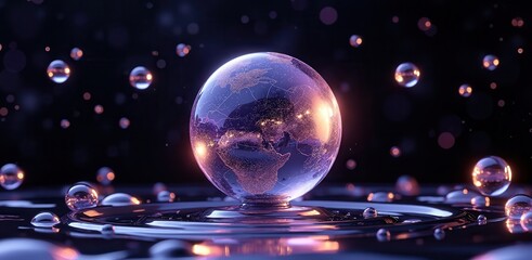 Aufkleber - A shimmering globe floats on water, surrounded by sparkling droplets, representing Earth in a magical, surreal setting.