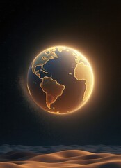 Aufkleber - A stunning depiction of Earth illuminated in gold, surrounded by a dark backdrop resembling a vast landscape of sand.