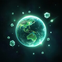 Aufkleber - A glowing Earth surrounded by floating crystals, showcasing a mystical and vibrant representation of our planet in a cosmic setting.