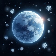 Aufkleber - A glowing blue moon surrounded by sparkling snowflakes against a dark starry background, creating a serene and magical atmosphere.