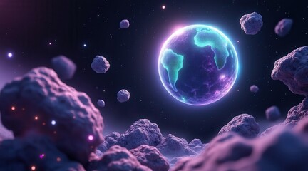 Aufkleber - A vibrant digital depiction of Earth surrounded by asteroids in a cosmic setting, highlighting the beauty and mystery of space.