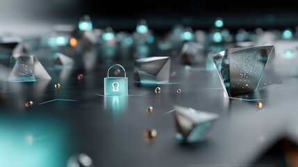 Glowing geometric shapes in blue and silver tones symbolizing futuristic digital security and protection
