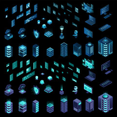 Wall Mural - large set of isometric computer technology. isometric set server equipment. modern technology concep