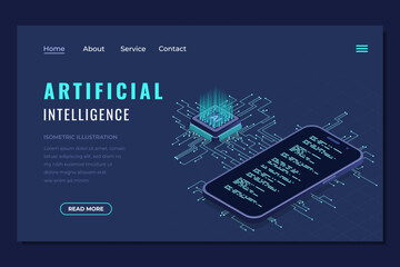 Isometric artificial intelligence landing page. Machine learning technology. Digital technology website landing page. Isometric technology