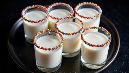 Fototapete - Six small glasses filled with milk, each topped with sprinkles, arranged on a round plate.