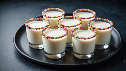 Fototapete - Six small glasses filled with white liquid, each topped with colorful sprinkles on a black tray.