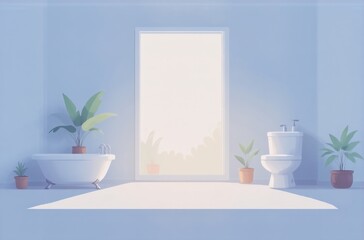 Aufkleber - Serene minimalist bathroom; sunlight streams through a large window illuminating a white bathtub, toilet, and potted plants.  A tranquil, avatar-like setting.