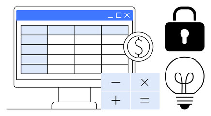 Computer screen displaying spreadsheet, financial symbol, calculator buttons, lock, and light bulb. Ideal for finance, technology, data security, innovation creativity business and digital