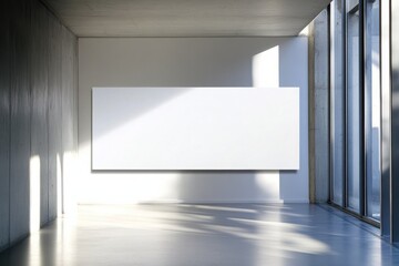 Fototapete - Minimalist interior with blank canvas on wall and sunlight streaming through windows creates a serene and modern architectural space.