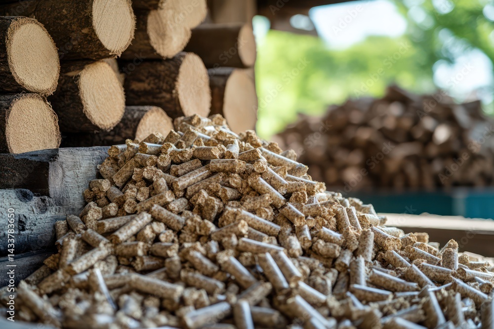 Biomass Wood Pellets and Firewood Stack for Renewable Fuel Stock Photo ...
