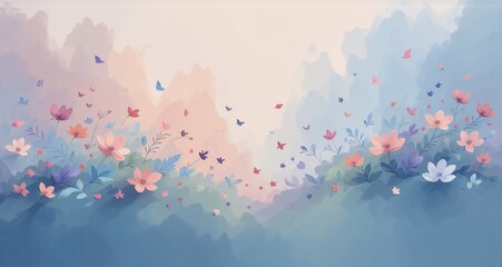 Aufkleber - A delicate, watercolor scene depicts a dreamy garden. Soft hues of pink, blue, and cream swirl, with scattered flowers and butterflies. Hints of light add to the whimsical nature of this ethereal disp