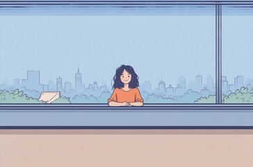 Aufkleber - A digital avatar of a smiling woman gazes out a large window at a cityscape.  The scene is peaceful and serene, conveying a sense of calm contemplation.