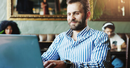 Aufkleber - Laptop, startup and typing with man in coffee shop for blogging, planning or research online. Computer, internet and small business with freelance employee in cafe or restaurant for remote work