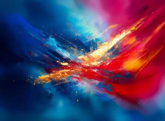 Aufkleber - Abstract artwork showcasing a vibrant, dynamic, explosive composition of colors. A bright core erupts, with streaks of blue, red, and gold spreading outwards, creating a sense of energy.