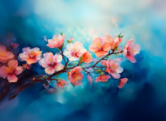 Fototapete - Image description: A branch adorned with delicate, vibrant blossoms against a dreamy blue and turquoise background. The flowers are various shades of pink and orange, with hints of yellow, painted to 