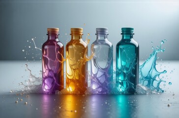 Poster - Four glass bottles in vibrant colors,  surrounded by dynamic water splashes, showcase a refreshing and clean aesthetic.  The bottles have wooden and metallic caps.