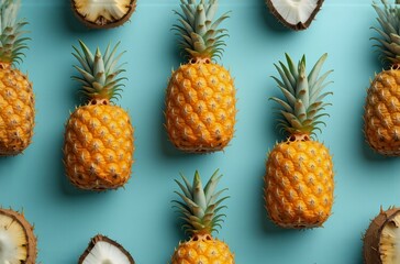 Poster - A vibrant flat lay showcasing whole pineapples and halved coconuts arranged on a light blue background. The tropical fruits create a cheerful, summery pattern.