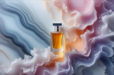 Poster - A perfume bottle sits nestled in a swirling, pastel marble-like background.  The amber liquid inside contrasts beautifully with the soft colors.