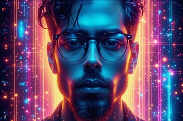 Aufkleber - This image showcases a man with glasses, bathed in futuristic neon light. The man's features are illuminated by vibrant, glowing streaks and particles, creating a visual spectacle. Hints of a digital 