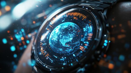 Smartwatch displaying Earth globe and digital data, future tech background use