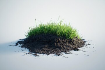 a small patch of lush green grass growing from a pile of dark soil