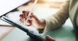 © peopleimages.com - Hands, pen and businesswoman on tablet for company, finance and wealth management in office. Banker, e signature and financial advisor with stylus for investment app, digital technology or profit