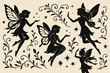© Andrei - Charming collection of silhouette icons featuring fairies in graceful poses against a decorative background