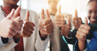 © peopleimages.com - Thumbs up, collaboration and business people in office with approval, achievement or teamwork. Goal, agreement and group of employees with satisfaction hand gesture in workplace for target together.