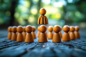 Wall Mural - wooden figurines representing leadership and teamwork, showcasing a central figure surrounded by a g