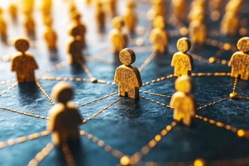 Wall Mural - wooden figures representing people connected through lines on a dark surface illustrating the concep