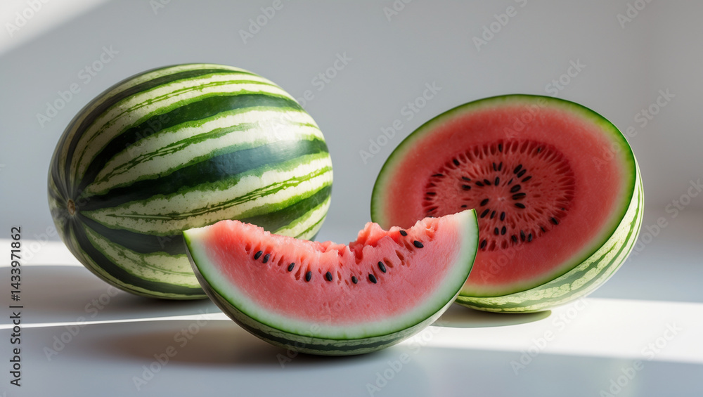 two watermelons with one fruit split in half showing a red color which ...