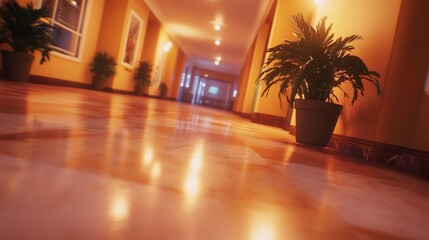 A warm, inviting hallway at night.  Plants line the walls, creating a peaceful ambiance