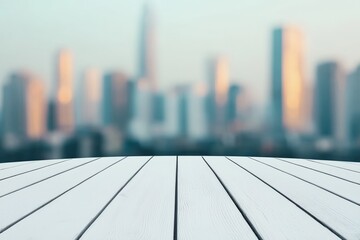 Aufkleber - White wooden table overlooking blurred cityscape background
