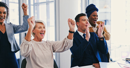 Fototapete - Clapping hands, achievement and business people in office with teamwork, success or collaboration. Happy, celebration and financial advisors cheering for company investment approval in workplace.