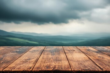 Aufkleber - Empty wooden table with dramatic thunderstorm over rolling green hills backdrop