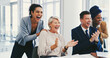 © peopleimages.com - Clapping hands, teamwork and business people in office with good news, success or collaboration. Happy, celebration and financial advisors cheering for company investment approval in workplace.