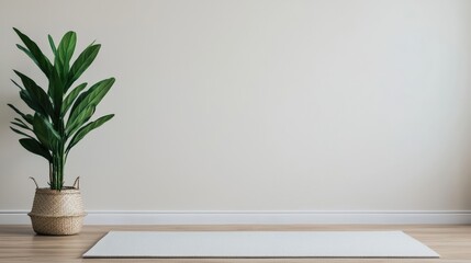 Poster - White yoga mat lying on wooden floor in minimalist yoga studio with plant